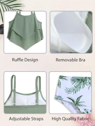 Girls Tankini Swimsuit Set - Ruffle Two Piece Swimwear Green, 12 Years