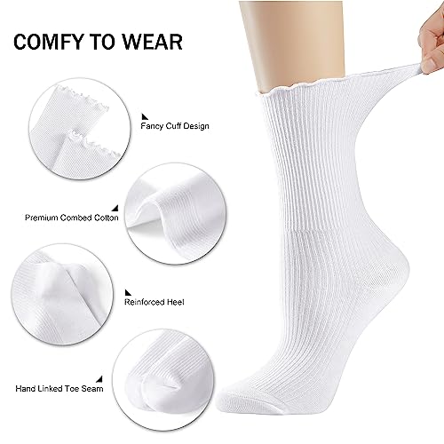 Women's Cotton Crew Socks with Ruffle Turn-Cuff - Wine Red