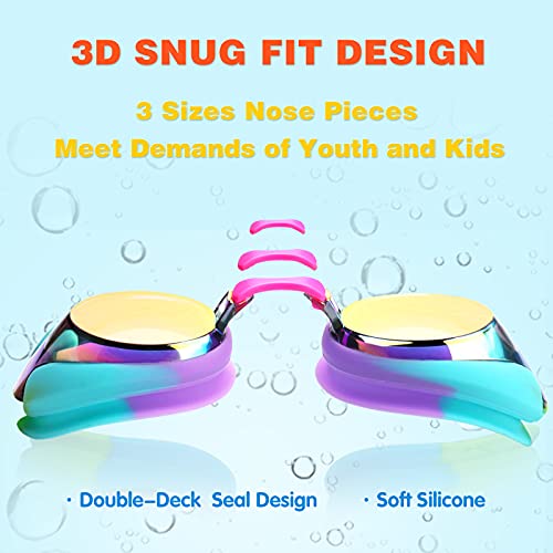 Keary Kids Mirrored Pink Swim Goggles for 3-12 Years, Anti-Fog & UV Protection