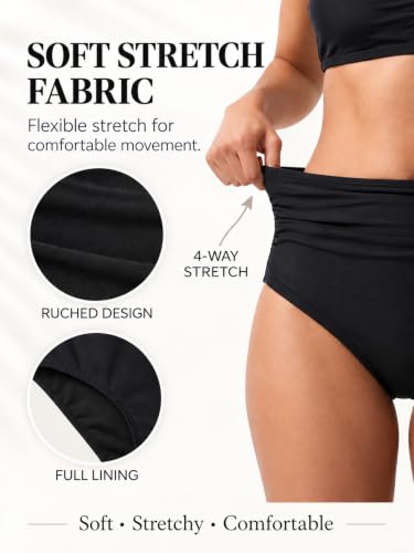 Women's High Waisted Black Bikini Bottoms Large High Cut Tummy Control Swimwear