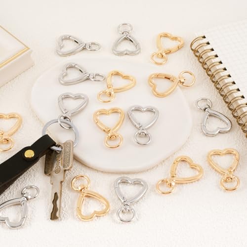 OIIKI 16PCS Heart Shape Keychain Clips Gold Silver Lobster Clasps for DIY Bags Keys