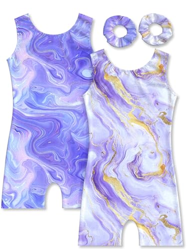 MOLLDAN Girls Gymnastics Leotards 2-Pack for Ages 5-6, Marble Purple & Gold