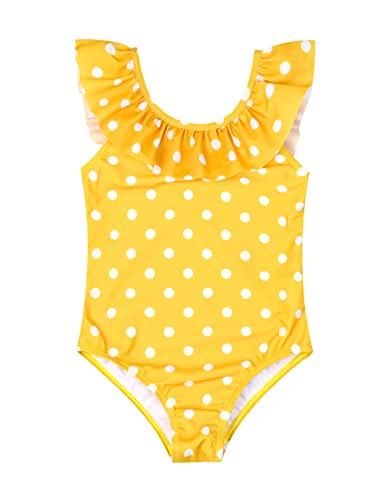 Girls One-Piece Swimsuit - Ruffle Bathing Suit, Yellow Polka Dots K01, 6-7 Years