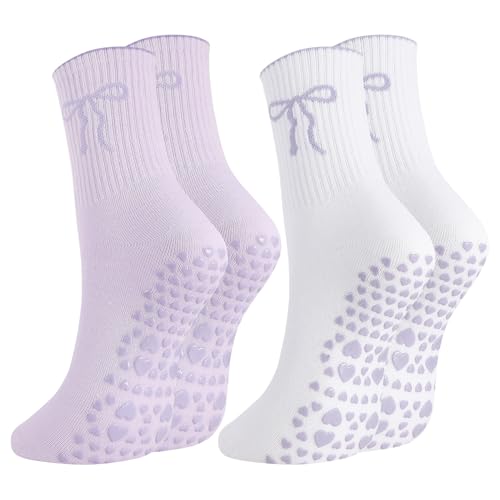 Pilates Grip Socks for Women - Cute Ruffle Design - Purple & White