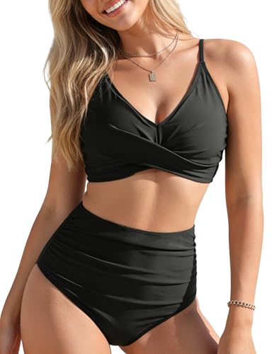 High Waisted Bikini Set - Women's Twist Front V Neck, Large, Black