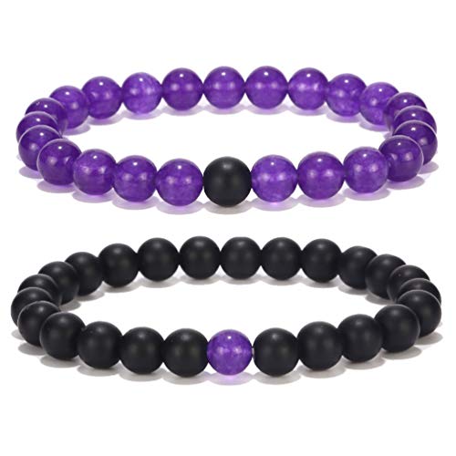 His and Hers Black Matte & Purple Agate Stone Bracelets - 8mm