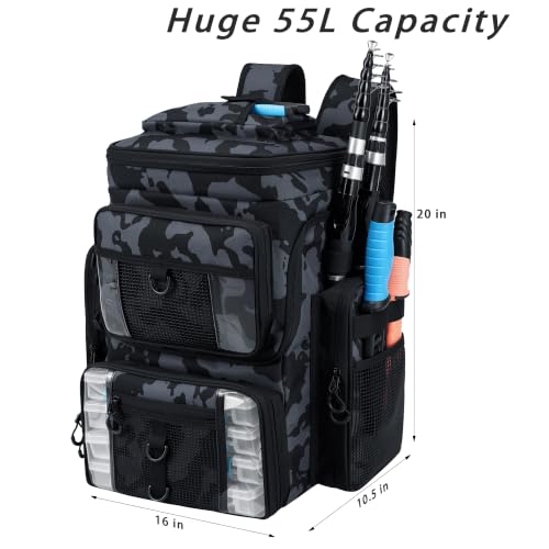 GiMiUiTo 55L Fishing Tackle Backpack with 4 Rod Holders Camouflage Black