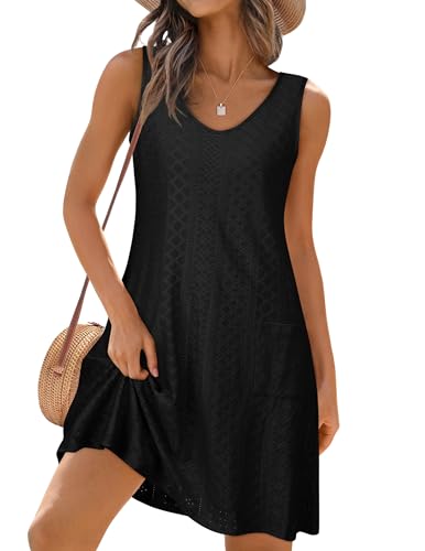elescat Large Black Summer Women's Eyelet Swimsuit Coverup Dress with Pockets