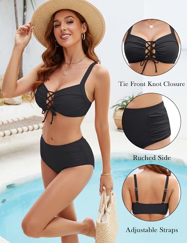 Women High Waisted Bikini Set Tummy Control Swimsuit - Medium Black