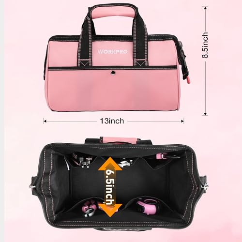 WORKPRO 13-Inch Tool Bag, Pink Soft Cloth Tool Storage Bags, Wide Mouth Tool Tote Bag with Inside Pockets - Pink Ribbon
