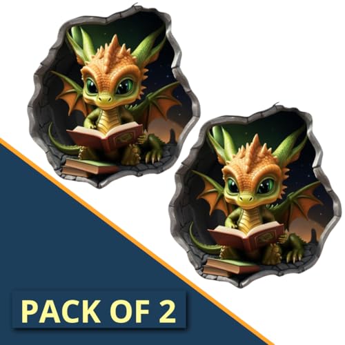 Dragon Reading in Wall Hole Decal, 3D Wall Sticker, 5 in, Pack of 2 (Green)