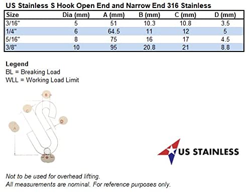 Marine Grade Stainless Steel S Hook - 5/16" Heavy Duty Open End Hook