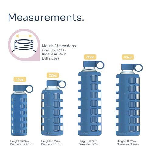 purifyou 12oz Borosilicate Glass Water Bottle with Time & Volume Markers, Silicone Sleeve, Stainless Steel Lid, for Water & Juice – Chinese Porcelain Variant