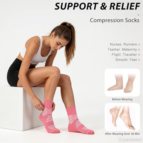 IRAMY Compression Crew Socks Women Men 6 Pairs with Ankle Arch Support Plantar Fasciitis Relief - Medium, Pink/Purple/Blue/Black/White/Grey