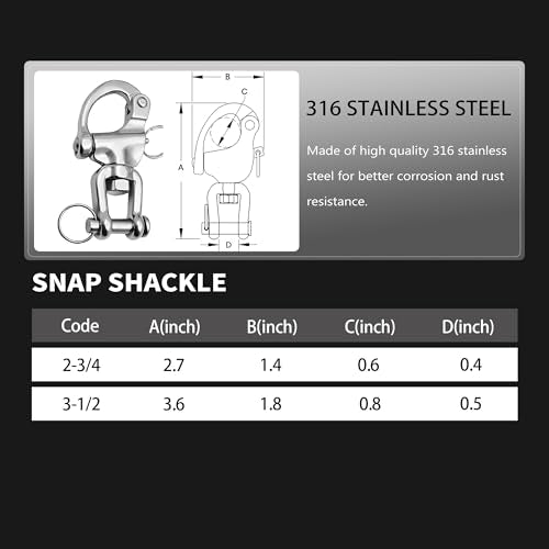 Laorde 2-3/4 Inch 316 Stainless Steel Swivel Eye Snap Shackle, Quick Release Marine Rigging (2 Pack)