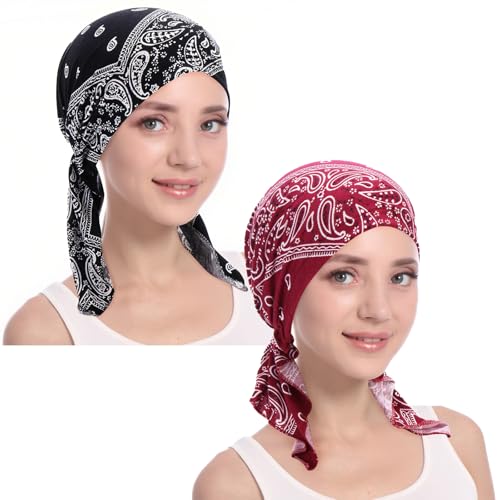 2-Piece Women's Chemo Turban Beanie Set - Soft Pre-Tied Head Wrap - Black+Wine