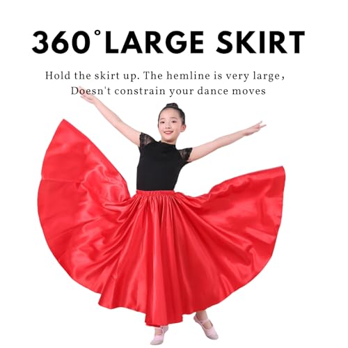 Snowaqua 360 Red Satin Full Circle Dance Skirt for Girls 8-12 Years - Ankle Length Swing Skirt for Belly Dance