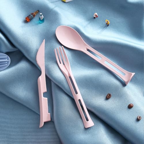 3-Piece Reusable Wheat Straw Cutlery Set with Case - Pink