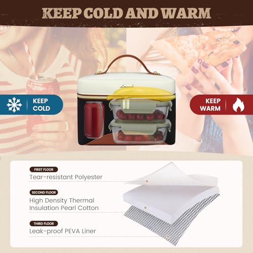 LOVEVOOK Insulated Lunch Cooler Bag for Women - Medium Black with Off White & Brown