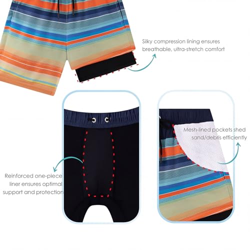 Todbiccz Boys 3-Pack Swim Trunks with Compression Liner - Stripe Navy/Orange/Black Aqua/Green, Size 14-16