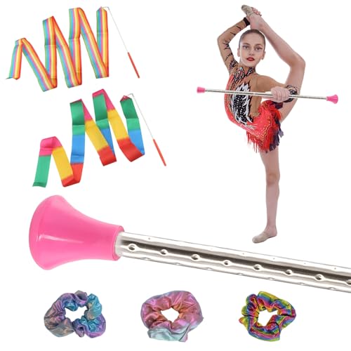 21.6" Twirling Baton - Stainless Steel with 2 Ribbons & 3 Hair Bands - Silver and Pink