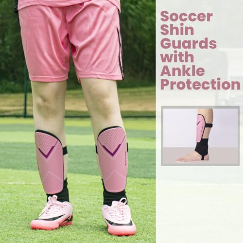 CotLike Pink Medium Soccer Shin Guards for Kids Youth Adults with Ankle Protection