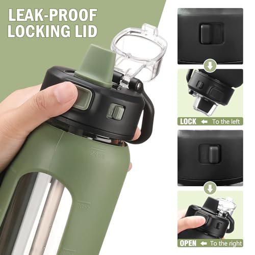 Glass Water Bottle with Straw & Handle - 24 oz Olive