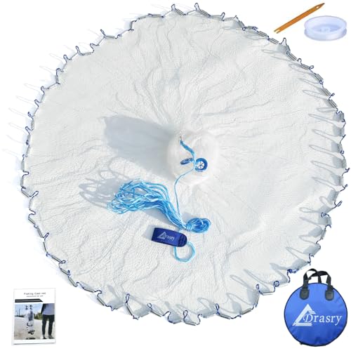 Drasry 10FT Cast Net with 3/8-inch Mesh, Zinc-Iron Sinkers, White, Heavy Duty Monofilament, Bait & Shrimp Trap