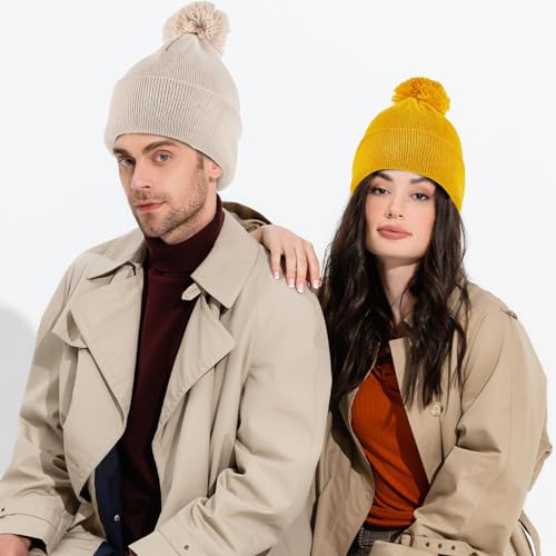 2-Pack Knit Pom Beanie Hat - Winter Cuff Cap for Men & Women - Beige/Ginger
