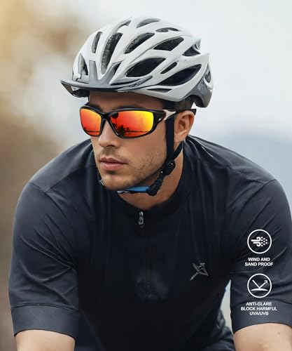 OUKEMAX Polarized Sports Sunglasses Men Women UV Protection Wrap Around 3 Pack Z2-Black/Ice Blue/Red