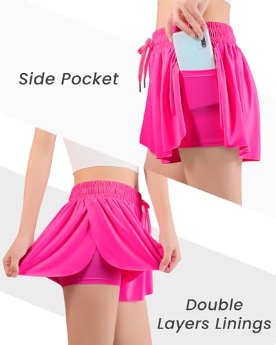 Auranso Girls Butterfly Shorts 2-in-1 Athletic Flowy Shorts with Pocket, 7-8 Years Hot Pink