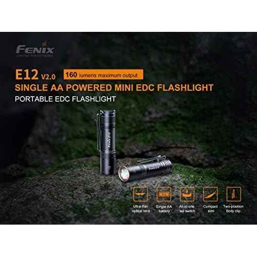 Fenix E12 V2 160 Lumen LED flashlight with EdisonBright AA alkaline battery bundle