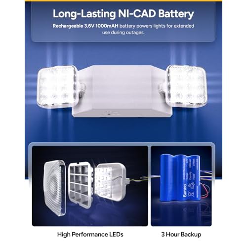 Sunco LED Emergency Lights, Commercial Lighting for Business, Power Outages, Offices, with Backup Battery (90 Minutes), Wall Mount, Hard Wired, 120-277V, Fire Resistant (94V-0) UL.