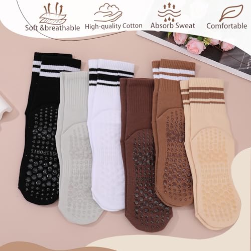 6 Pack Striped Pilates Grip Socks for Women - Non-Slip Yoga Socks Size 7.5-11