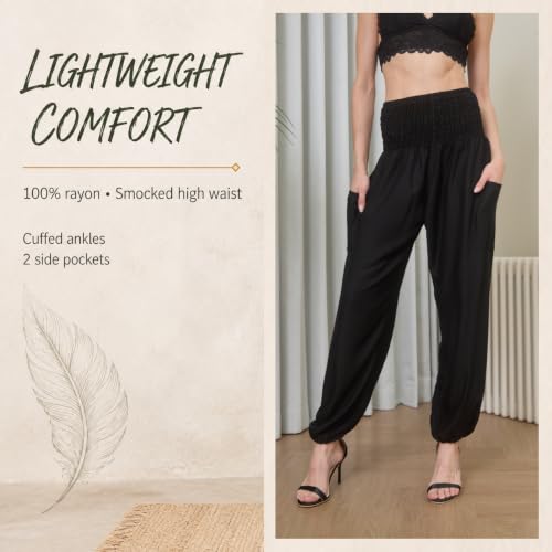 Black Medium Boho 2-Pocket Flowy Harem Yoga Pants for Women