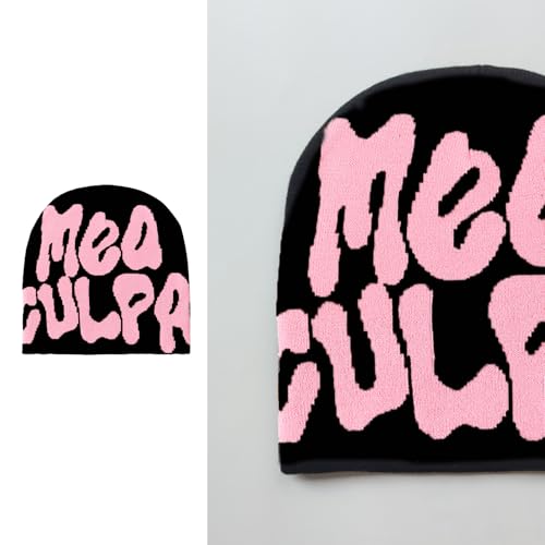 Y2K Beanie for Men & Women - Cross Graphic Knitted Hat - Black & Pink
