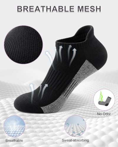 Womens Cotton Ankle Socks - 6 Pairs Athletic Running Socks - Black