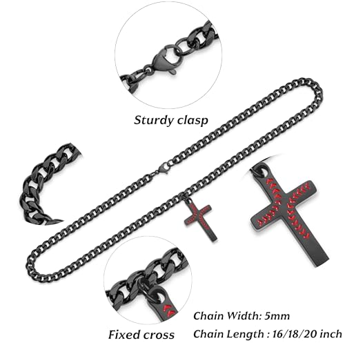 Baseball Cross Necklace for Men - 18in Black Stainless Steel