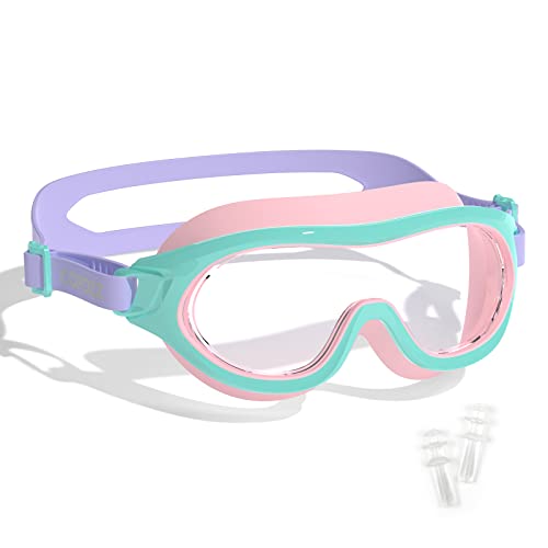 COPOZZ Kids Swim Goggles A4 Green Pink Wide View No Leak Anti-Fog UV Youth Swim Goggles
