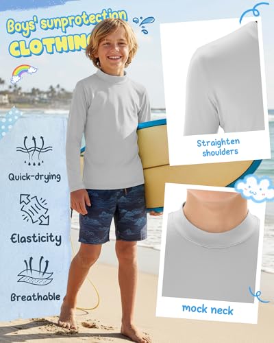 Boys Rash Guard Swim Shirts - 3 Pack, 13-14 Years - Black, Mint Green, Light Gray