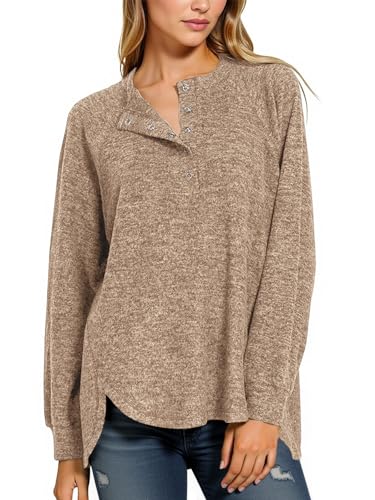 Womens Long Sleeve Henley Shirt - Oversized Round Neck Sweatshirt - Brown, Medium