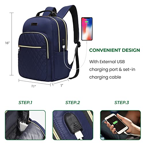 Vintage Canvas Backpack with USB Port - Quilted Blue, 15.6 Inch