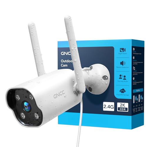 GNCC Outdoor Camera, 2K Cameras for Home Security Outside, Home Security Cameras, Motion Detection, Color Night Vision, 24/7 Recording, 2 Way Audio, Waterproof, Cloud & Local, Plug-in, APP Control