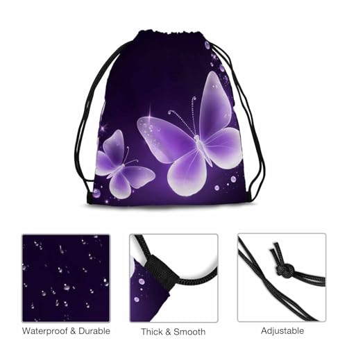 Two Butterfly Drawstring Gym Backpack - Bright Purple 14x16.9 Inch Women Men