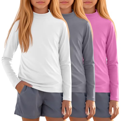 Kids' Long Sleeve Rash Guard Swimwear - UPF 50+, Mock Neck, 3 Pack - Pink, Gray, White | Ages 13-14
