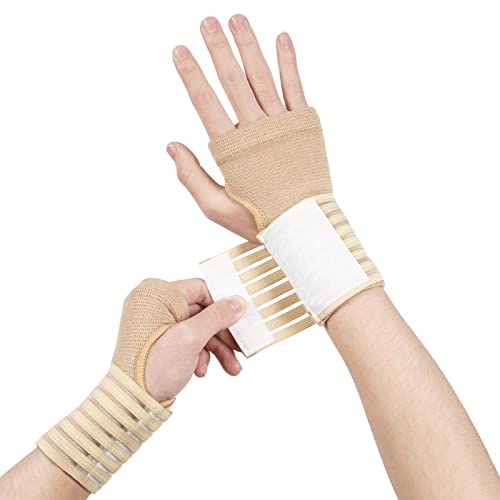 Wrist Brace Support - 2 Pack Adjustable Compression Wrap, Cream