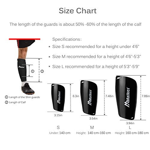 Malker Kids Youth & Adult Black Large Soccer Shin Guards with Sleeves - Lightweight & Protective