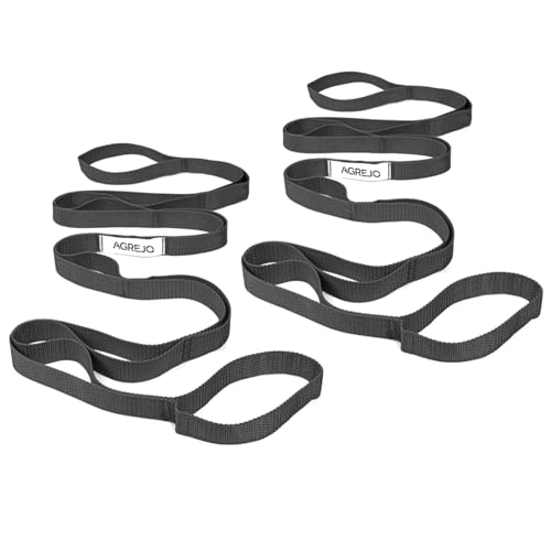 Yoga Stretching Strap - 10 Loops Non-Elastic for Therapy & Fitness, 2-Pack Black/Black