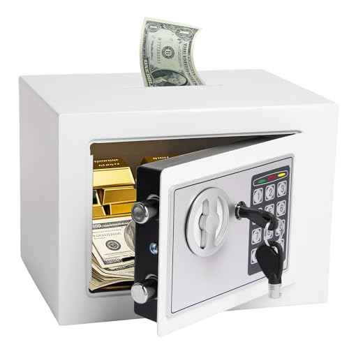 Mini Electronic Safe Box with Digital Keypad & Keys, Small Safe Deposit Boxes with Coin Slot, Safety Boxes for Home Office Dorm, Drop-resistant & Durable, For Cash, Jewelry (White)