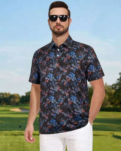 Hawaiian Golf Polo Shirt for Men - Short Sleeve, Large Black Multi Splatter